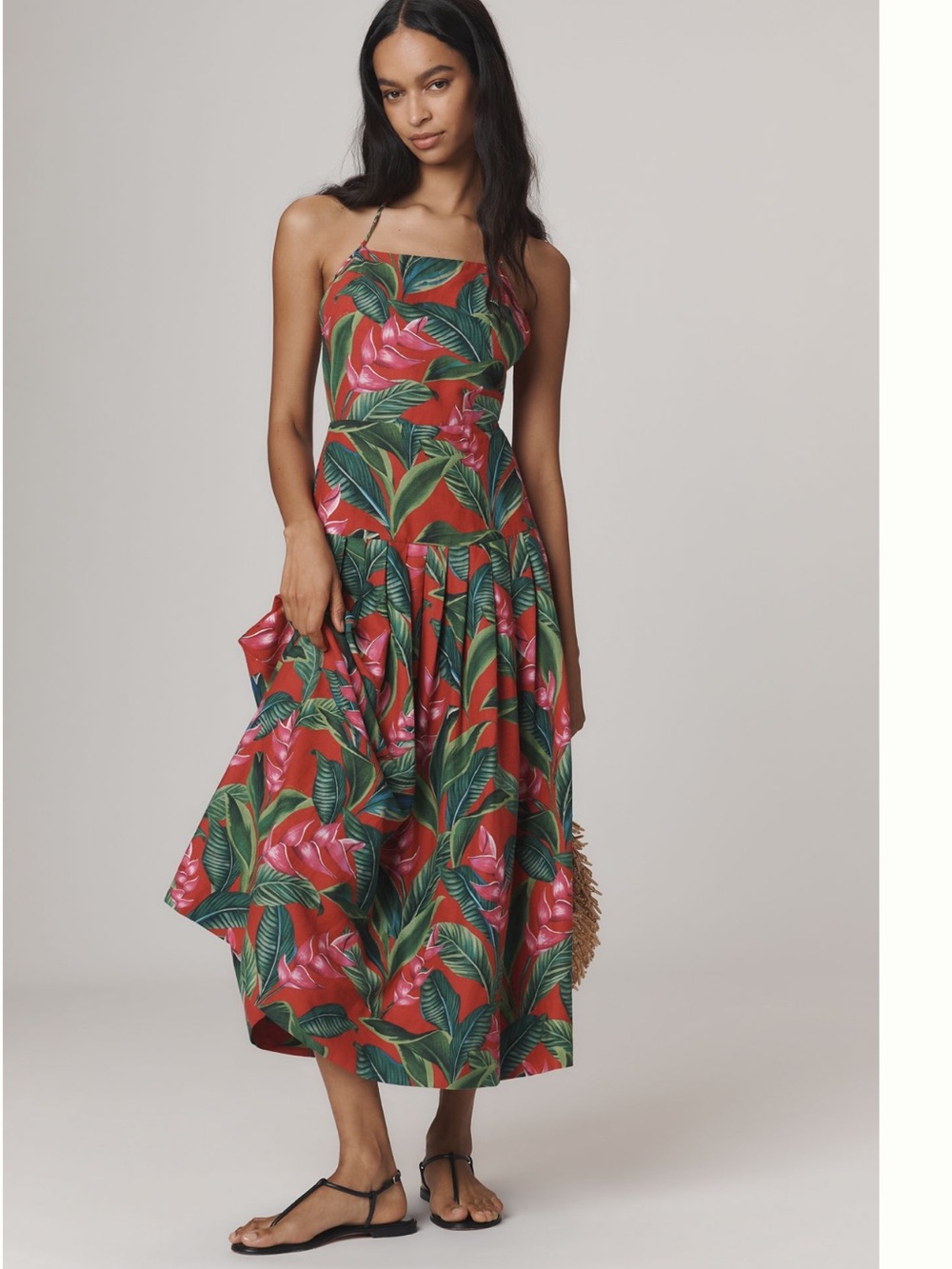 Anthropologie Red Tropical Midi Dress with Green Leaf Print